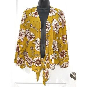 Another Reason Womens Floral Sheer Mesh Kimono Sleeve Tie Waist Top